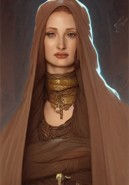 Image similar to sansa angeline jolie gessica chastain old mummy, intricate, elegant, highly detailed, digital painting, artstation, concept art, smooth, sharp focus, illustration, art by artgerm and greg rutkowski and alphonse mucha and william - adolphe bouguereau