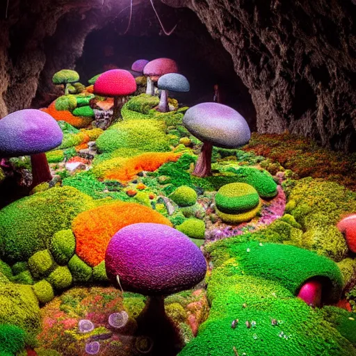 Prompt: a colorful fungus garden in a cave, birds eye view, Hiroo Isono, dark, foggy, cavern, beetles running through the moss, psychedelic, river running through it