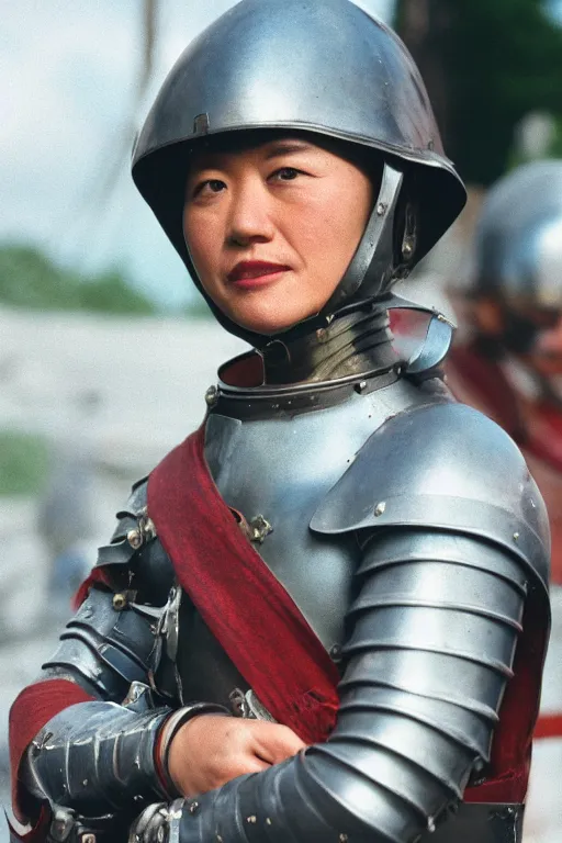 Prompt: Kodak portra 160, 8K, highly detailed, portrait,focus on steel armor: famous japanese artist in low budget joan of arc movie remake, epic scene