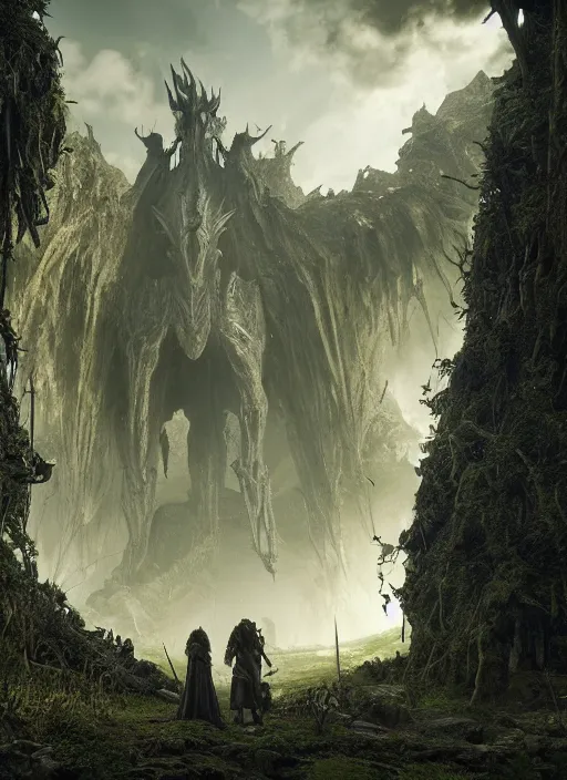 Image similar to medieval adventurers in the lord of the rings scenery landscape, inside an enormous overgrown alien cathedral, huge statue of a dragon, portal to another dimension in the sky, highly detailed, cinematic lighting, perfect composition, 4 k, gustave dore, derek zabrocki, greg rutkowski, octane render