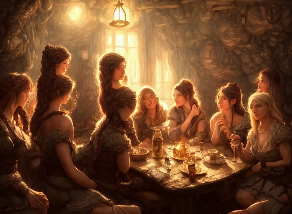 Prompt: a beautiful adventuring group of women, eye contact, dimly-lit cozy tavern, relaxed pose, fantasy art, detailed painterly digital art style drawn by artgerm, beautifully detailed render, post-processing, extremely hyperdetailed, intricate, epic composition, grim yet sparkling atmosphere, cinematic lighting + masterpiece, trending on artstation, very detailed, vibrant colors