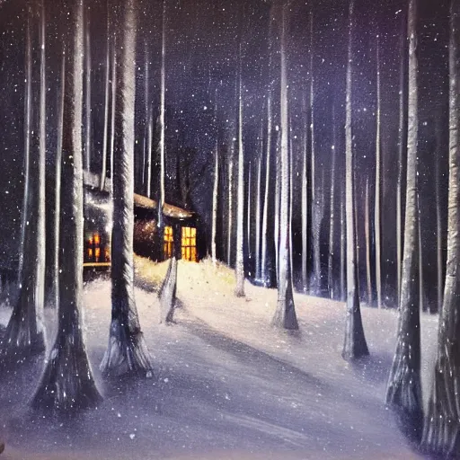 Image similar to snowy forest night scene in a single wooden cabin surrounded by the woods with one illuminated window, horror dark contrast, oil painting