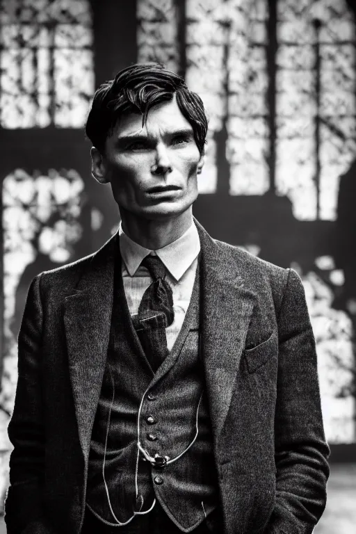 Prompt: Black and white Full-body portrait of Cillian Murphy in Peaky Blinders standing, arms crossed, dramatic, gloomy, dark