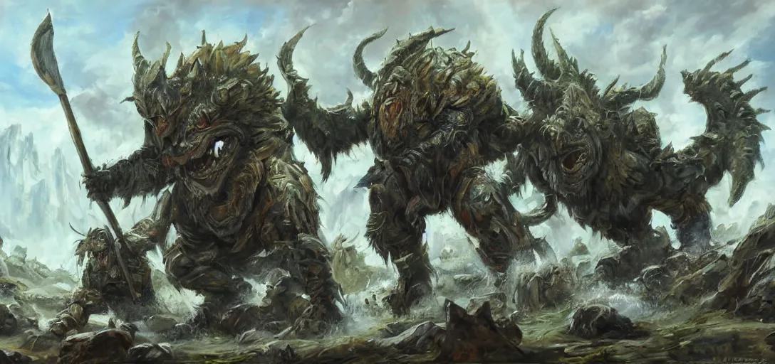 Image similar to oil painting of giant conquering orc beast in full tactical armor roars as it steps over it's fallen enemy's bodies