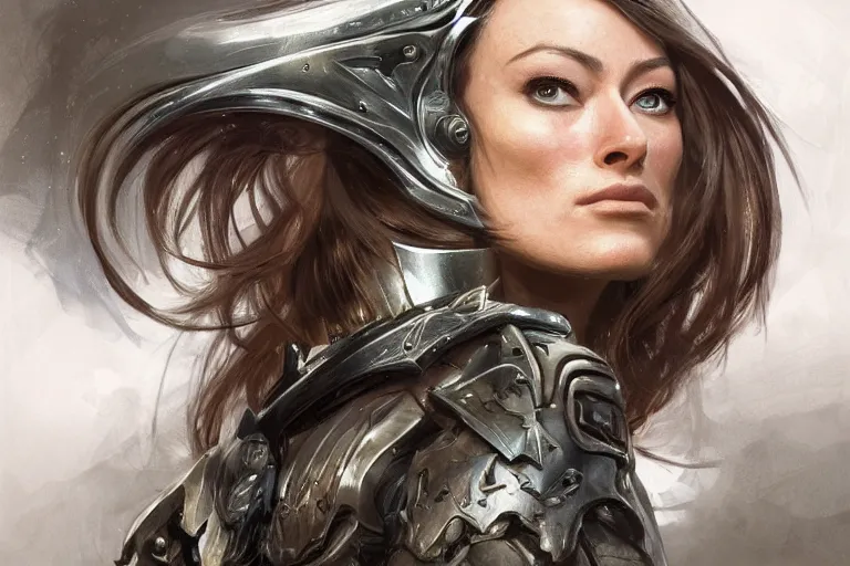 Image similar to a finely detailed portrait of Olivia Wilde, clothed in battle armor, olive skin, long dark hair, beautiful bone structure, symmetrical facial features, intricate, elegant, digital painting, trending on Artstation, concept art, smooth, sharp focus, illustration, from Metal Gear by Ruan Jia and Mandy Jurgens and Artgerm and Greg Rutkowski and william-adolphe bouguerea, award winning