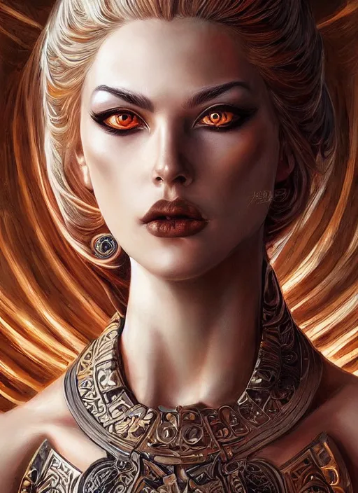 Prompt: a highly detailed symmetrical painting of a female model fantasy amazon with piercing beautiful eyes, trending art by artgerm and karol bak and mark brooks