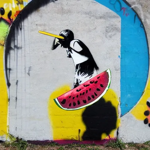 Prompt: noa kirel eats a watermelon, graffiti, photograph, made by banksy, yellow and brown colors, spray brush, midday, sunny, professional