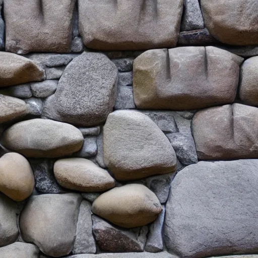 Prompt: the stone walls are inlaid with numerous ear sculptures