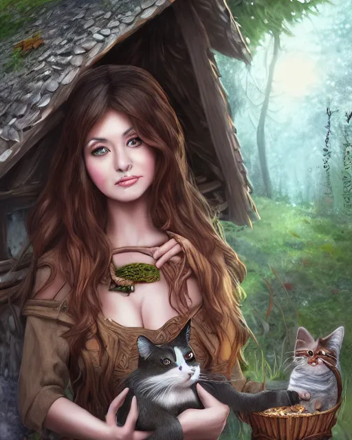 Image similar to A frontal fullbody painting of a beautiful brunette witch, outside of her wooden hut in the forest with her cat and her cauldron, feminine figure, higly detailed, ultraHD, 8k, smooth , pixiv art, cgsociety, artgem, high quality, digital illustration, concept art, masterpiece