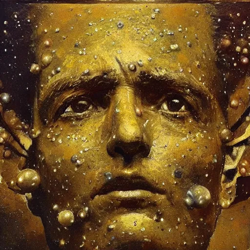 Prompt: a sculpture portrait made of stars and dust and molecules and atoms, painting part by wojciech siudmak, part by ilya repin, part by max ernst, part by norman rockwell, artstation