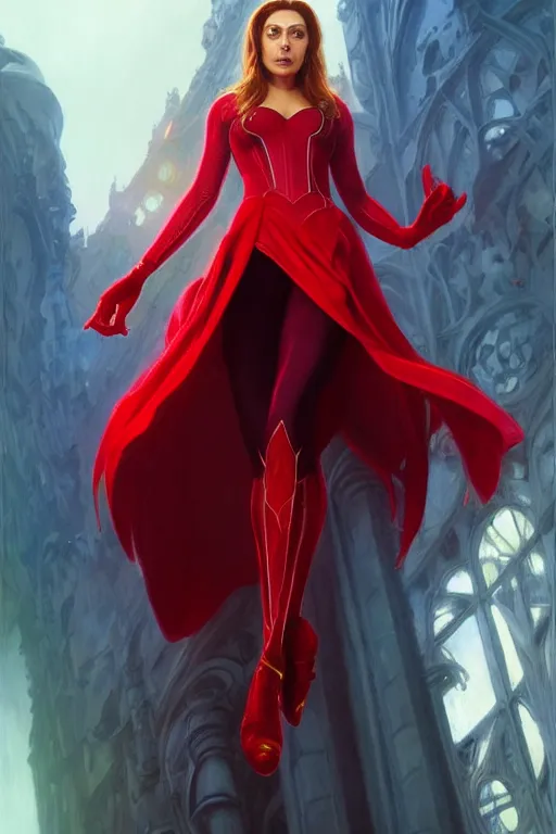 Image similar to Karan Johar as Scarlet Witch, Scarlet Witch costume, villany, portrait, masculine figure, highly detailed, digital painting, artstation, concept art, smooth, sharp focus, illustration, cinematic lighting, art by artgerm and greg rutkowski and alphonse mucha