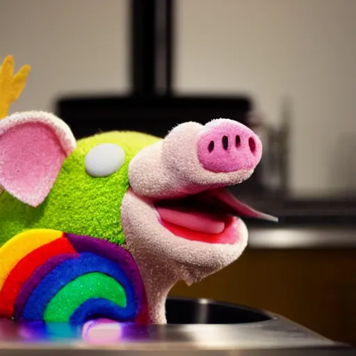 Image similar to rainbow pig wearing a gold crown as a Muppet cooking on stove 8k