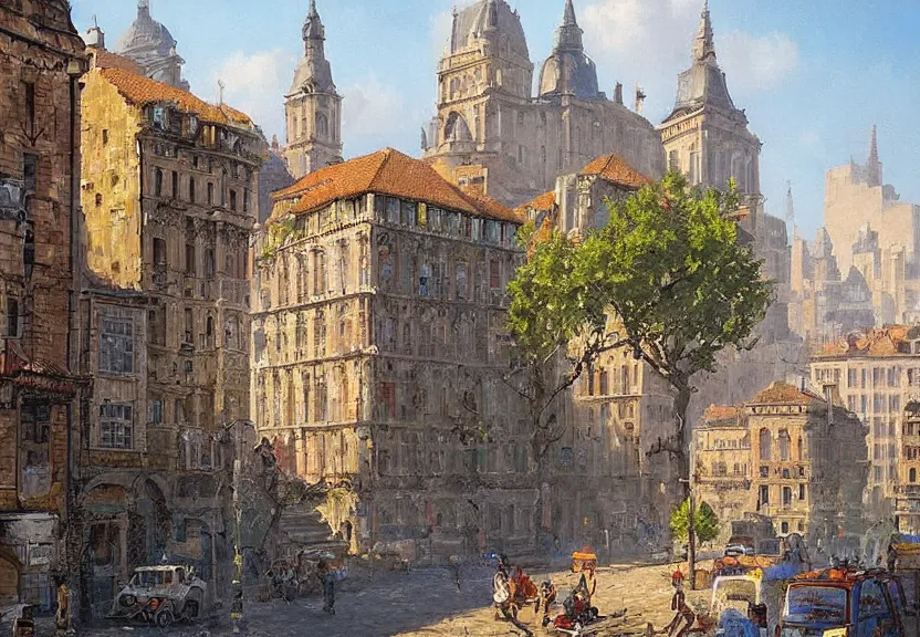Prompt: pixel art of an old european city, summer season, a realistic digital painting by greg rutkowski and james gurney, trending on artstation, highly detailed