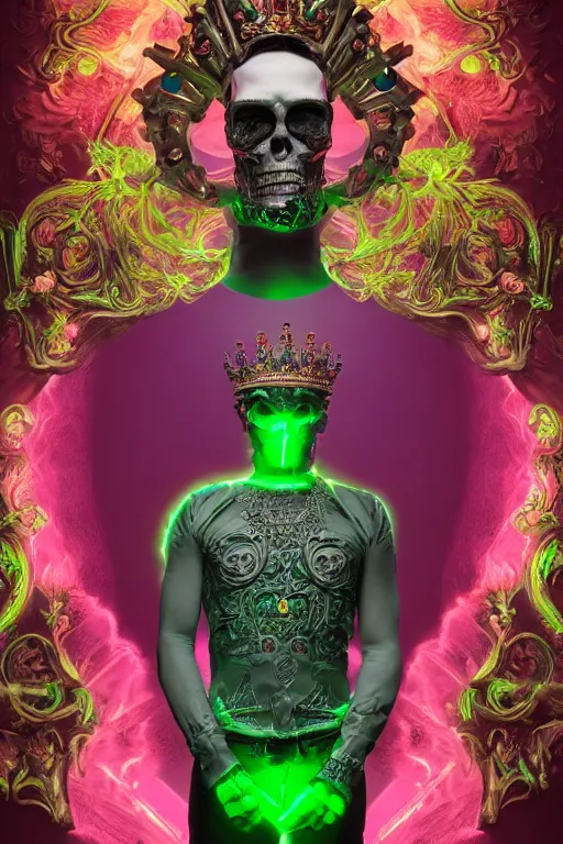 Image similar to full-body sculpture of a young handsome Spanish prince as a half cibernetic android with a glowing green diamong in his chest, pink laser beams coming out of his eyes, crown of giant jewels, flowing neon-colored silk, human skull mask, geometric shapes in a cyperbunk and baroque style. intricate artwork by caravaggio. Trending on artstation, octane render, cinematic lighting from the right, hyper realism, octane render, 8k, depth of field, 3D