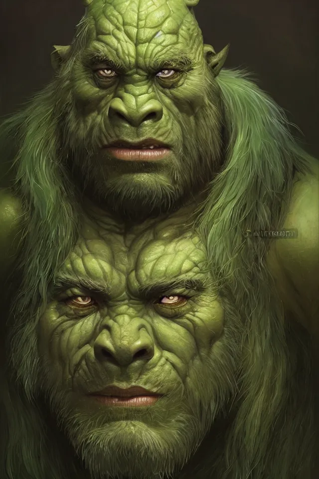 Image similar to portrait of a druidic green mountain orc, looking at camera, d & d, savage warrior, fur attire, aztec hair, large noses, intricate, fantasy, extremely detailed, digital painting, artstation, concept art, smooth, sharp focus, illustration, ambient lighting, art by artgerm and greg rutkowski and alphonse mucha and simon stalenhag