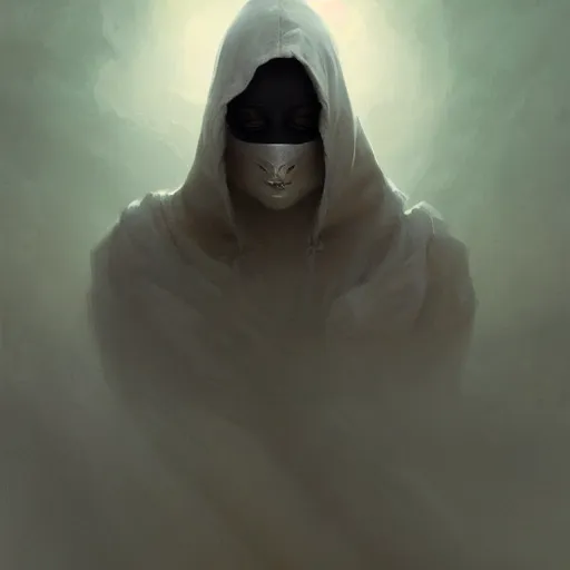 Prompt: epic portrait an hooded woman wearing a mask with closed eyes, broad light, ambient occlusion, volumetric light effect, made by ivan aivazovsky, peter mohrbacher, greg rutkowski, matte painting, trending on artstation, 4 k, perfectly defined features, digital painting,