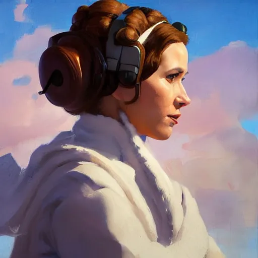 Image similar to greg manchess portrait painting of leia organa as overwatch character, medium shot, asymmetrical, profile picture, organic painting, sunny day, matte painting, bold shapes, hard edges, street art, trending on artstation, by huang guangjian and gil elvgren and sachin teng