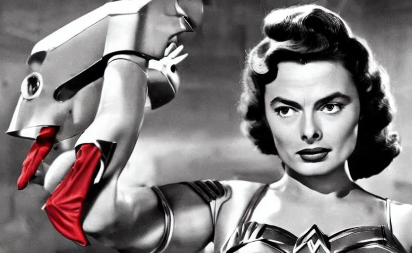 Prompt: ingrid bergman as wonder woman in a scene from the 1 9 4 8 film'wonder woman versus the robots '. colourful. 1 9 5 0 s. action. beautiful. powerful.