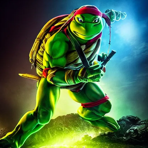 Image similar to teenage mutant ninja turtle, epic action movie still, hyper realistic award winning creature photography, epic volumetric lighting, border of glowing green radioactive ooze dripping, detailed face, golden ratio