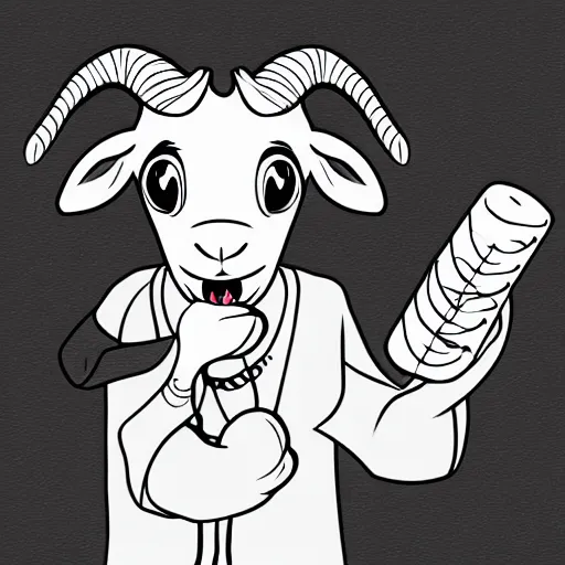 Prompt: a goat holding a churro in its mouth, high quality line art