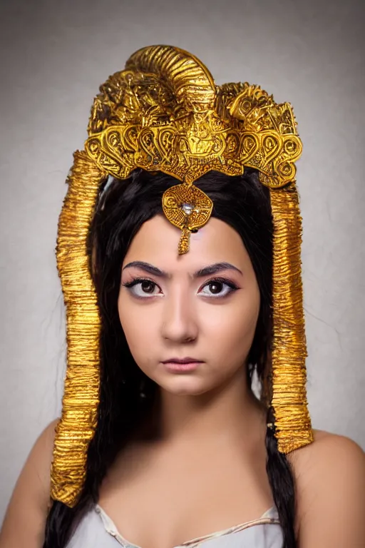 Image similar to close up headshot of young greek italian woman as ramayana, cosplay, studio lighting