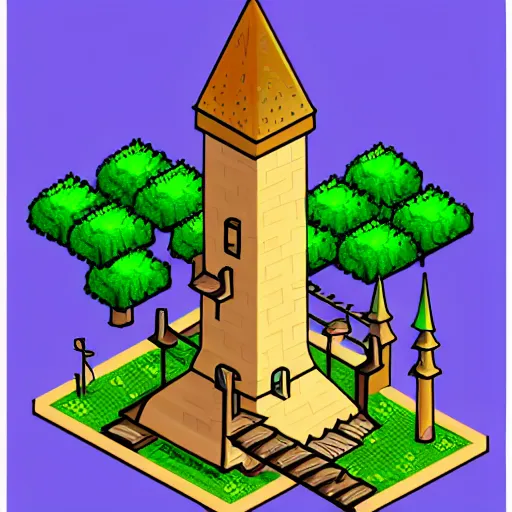 Image similar to isometric view of a wizard tower, svg