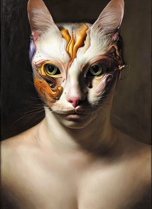 Prompt: strange, looming head, biomorphic painting of a woman cat hybrid by jenny saville and charlie immer, rachel ruysch, highly detailed, emotionally evoking, head in focus, volumetric lighting, melting, drippy oil painting,