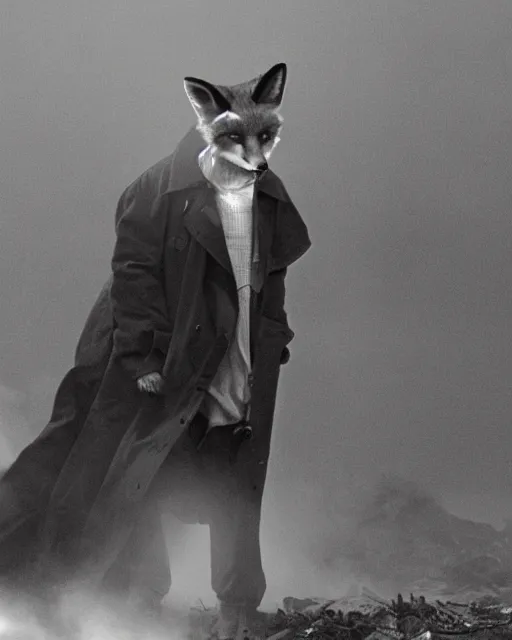 Image similar to a fox in a black trench - coat, smoking a cigarette in front of a huge explosion in the middle of a war, style of anime