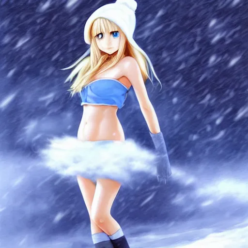 Image similar to full body shot : a very beautiful young blond anime girl in a snowstorm, beanie, sky blue eyes,, bikini, miniskirt, highly detailed, cinematic wallpaper by stanley artgerm lau