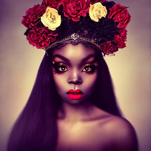 Prompt: portrait of a black woman inspired by Natalie Shau, Anna dittmann,flower crown, face gems, make up,cinematic