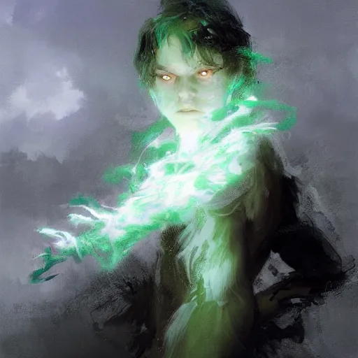 Prompt: a 14 year old teenage ghost boy with pale skin, white hair and glowing green eyes wearing a black spandex suit. White breath showing in the cold air. Masterpiece. Repin. Ruan Jia. By Greg Rutkowski