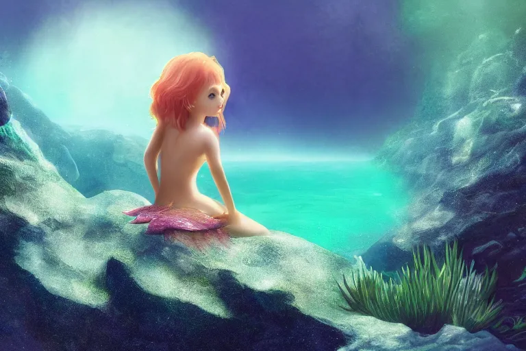 Prompt: a cute mermaid girl sitting on a asteroid relaxing, misty, digital art, hazy, foggy, green lighting, ambient lighting, 8 k,