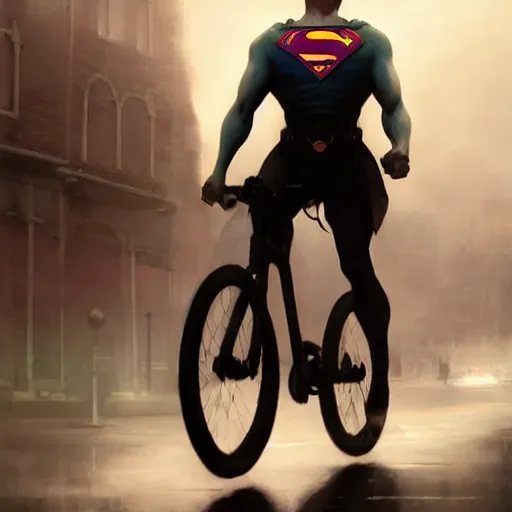 Image similar to cinematic shot epic portrait superman riding a bicycle in the streets, atmospheric, cloudy, broad light, ambient occlusion, volumetric light effect, made by ivan aivazovsky, peter mohrbacher, greg rutkowski, ross tran, matte painting, trending on artstation, 4 k, perfectly defined features, digital painting, cinematic, epic, highly detailed,