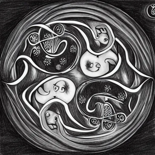 Image similar to a drawing of a pregnant cyborg giving birth to emerging yin - yang daoist symbol emerging from womb, black and white detailed pencil drawing dao