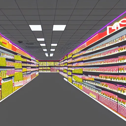 Prompt: four dimensional architectural rendering illustration of non-euclidean geometry grocery store aisle, surrealism optical illusion