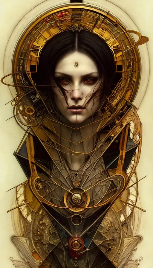 Image similar to timemachine schematics painted by tom bagshaw, mobius, mucha M. C. Escher, gold paint, ink, gnarly details