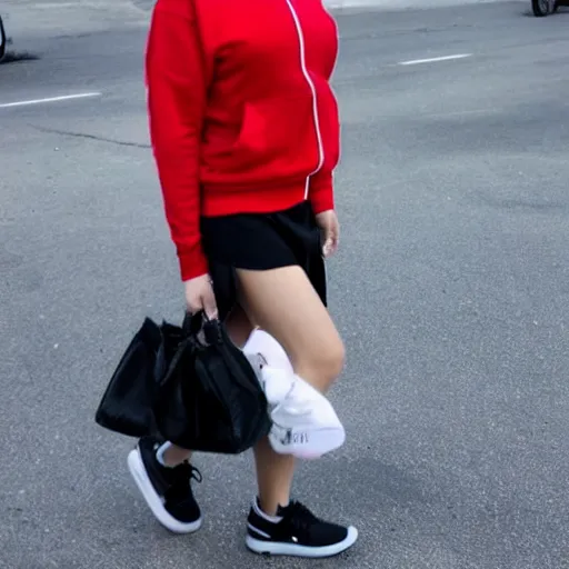 Image similar to chinese canadian woman wearing a red sweatshirt unzipped with a white shirt under it and black skirt with white sneakers.