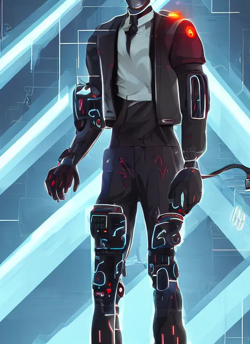 Image similar to Male cyborg, battle-damaged, wearing a school uniform, standing on neon-lit street corner”, full body shot, cyberpunk, Digital art, detailed, anime