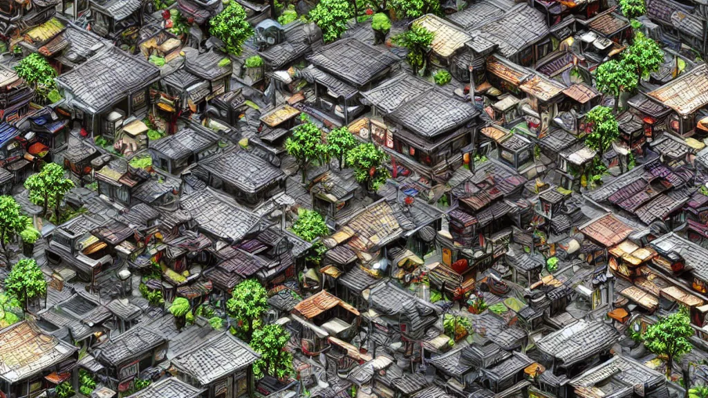 Image similar to small, quaint, oriental ancient cyberpunk japanese village in cyberpunk style,, hyperrealistic, highly detailed, 4 k hd