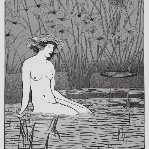 Image similar to A girl bathes in a lake where water lilies are floating, lithography by Aubrey Beardsley, High definition, detailed,