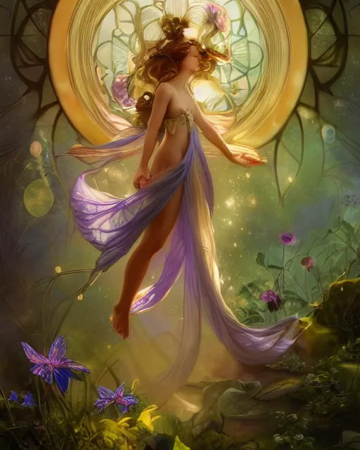 Image similar to a beautiful fairy in a morning dreamland, coherent design, symmetry, concept art, trending on artstation vivid color, complementary color, golden ratio, detailed, sharp lines, intricate, rainbowshift, by james gurney, by brian froud, by peter mohrbacher, by alphonse mucha, by maxfield parrish, by karol bak, deviantart, octane render