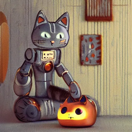 Prompt: a playful robotic cat playing with a ball made out of copper, studio ghibli, extremely detailed, cozy, cabin interior, cinematic lighting, cute,