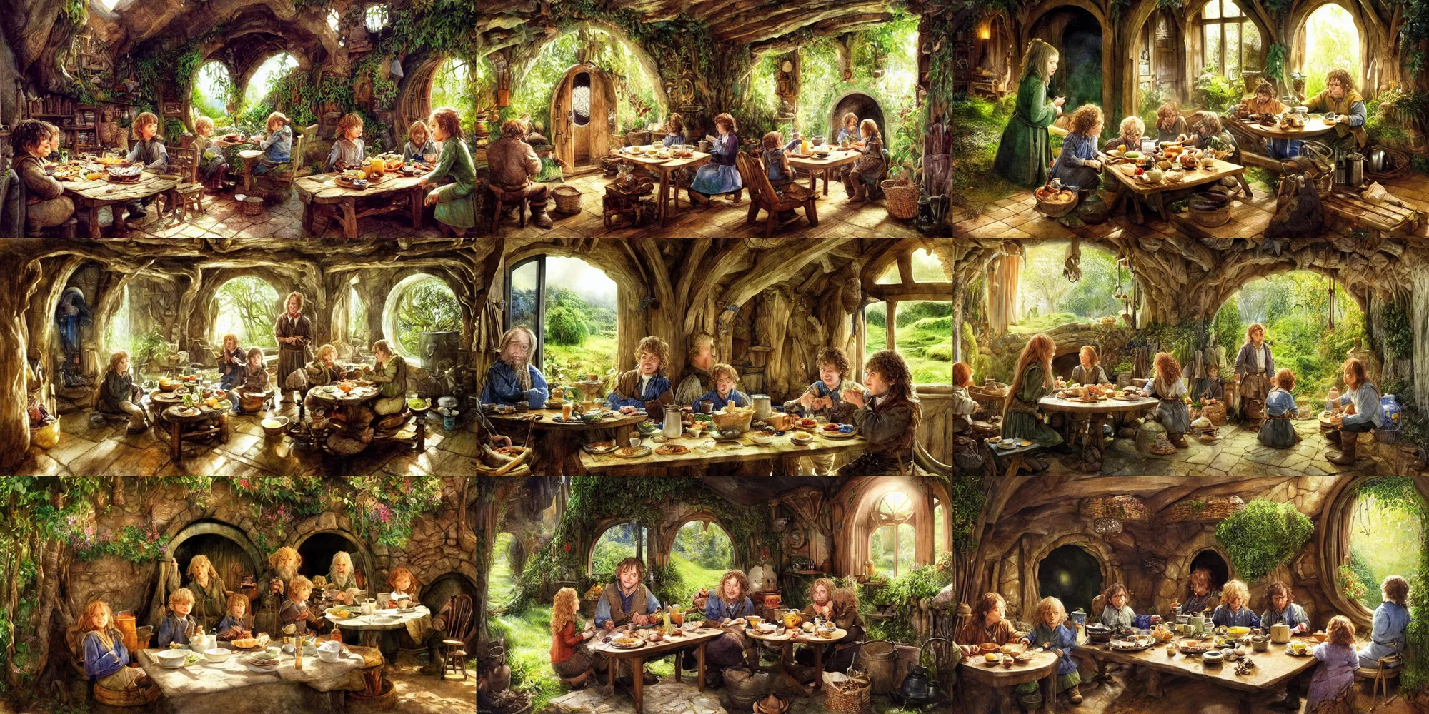 Prompt: a hobbit family sharing breakfast within the interior of a hobbit hole, by alan lee, art station, dust motes shine in beams of light from the windows, finely detailed furniture, warm colors, vibrant greenery outside, oil painting, faces are those of celebrities