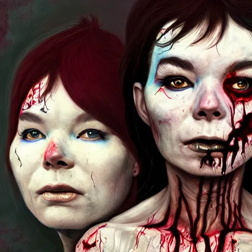 Image similar to color head portrait of bjork as a zombie, 7 days to die zombie, gritty background, fine art, award winning, intricate, elegant, sharp focus, cinematic lighting, digital painting, 8 k concept art, art by michael hussar, art by brom, art by guweiz and z. w. gu, 8 k