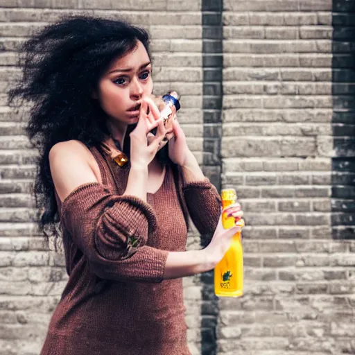 Image similar to photograph of woman holding a bottle in street, fashion shoot, award winning, kodak, 4 k, realistic intricate detail, hyper detail, woman very tired, full body potrait holding bottle, hazel green eyes, realistic, highlydetailed, natural, masterpiece, sharp focus,