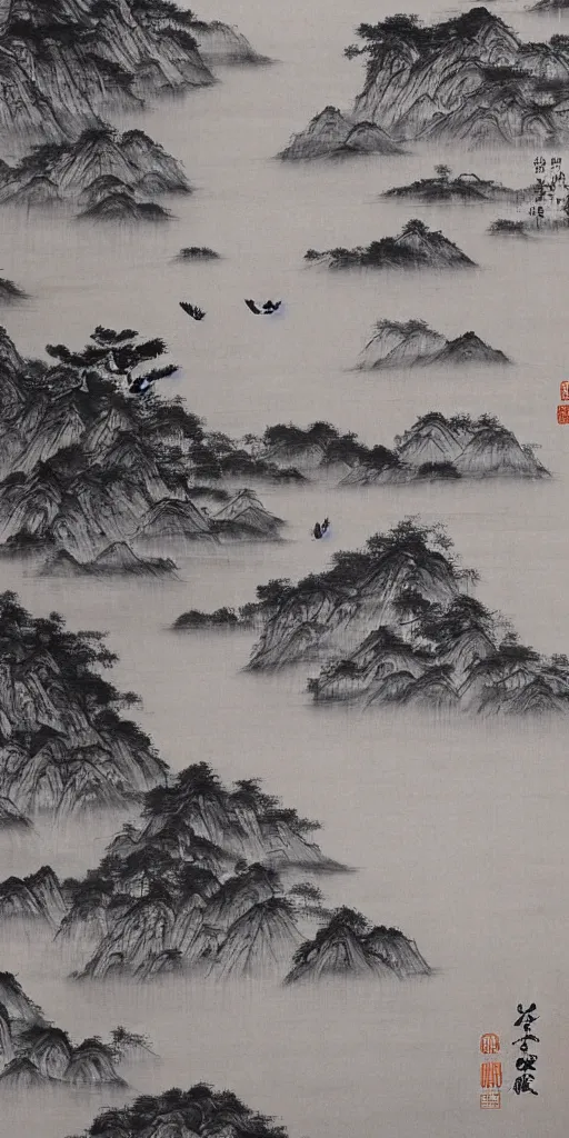 Image similar to Environmental shot, Beautiful!!!!! chinese ink-wash painting of a river!!!, beautiful brush strokes, red ink, birds flying , shui mo hua by Wang Mingming !!!, highly intricate