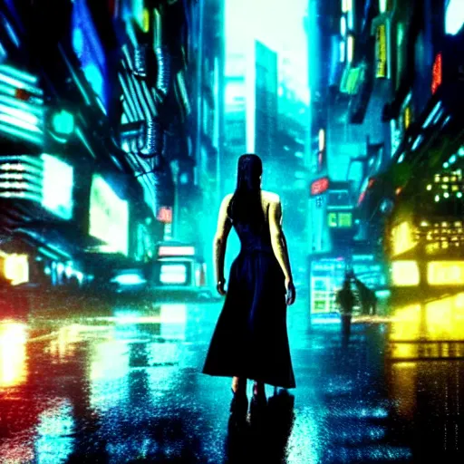 Image similar to jennifer connelly starring in a cyberpunk movie in a distopic futuristic city in the style of bladerunner, movie still, highly detailed, rainy night, volumetric lights, dramatic, scifi, sharp focus