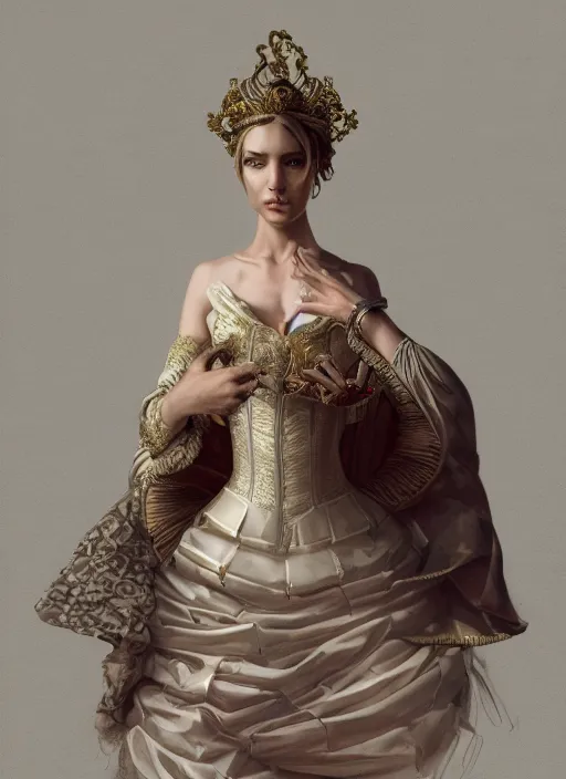 Image similar to hyper realistic photo of baroque luxury fashion queen full body, symmetric, rule of thirds, cinematic, artstation, cgsociety, greg rutkowski, james gurney brom