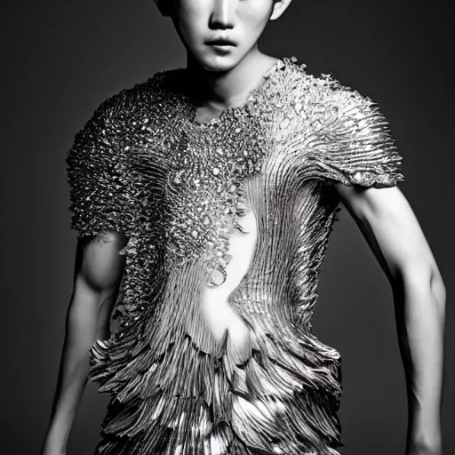 Image similar to a beautiful young korean male wearing iris van herpen mickey mouse couture, photographed by erwin olaf