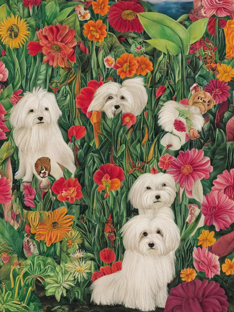 Prompt: a cream colored havanese dog, surreal background, plants and flowers, mexican art, naive art, by frida kahlo